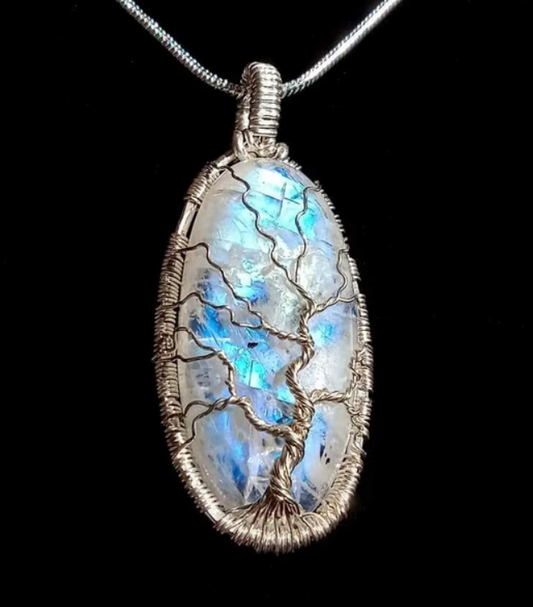 Rainbow Moonstone and Sterling Silver Tree of Life