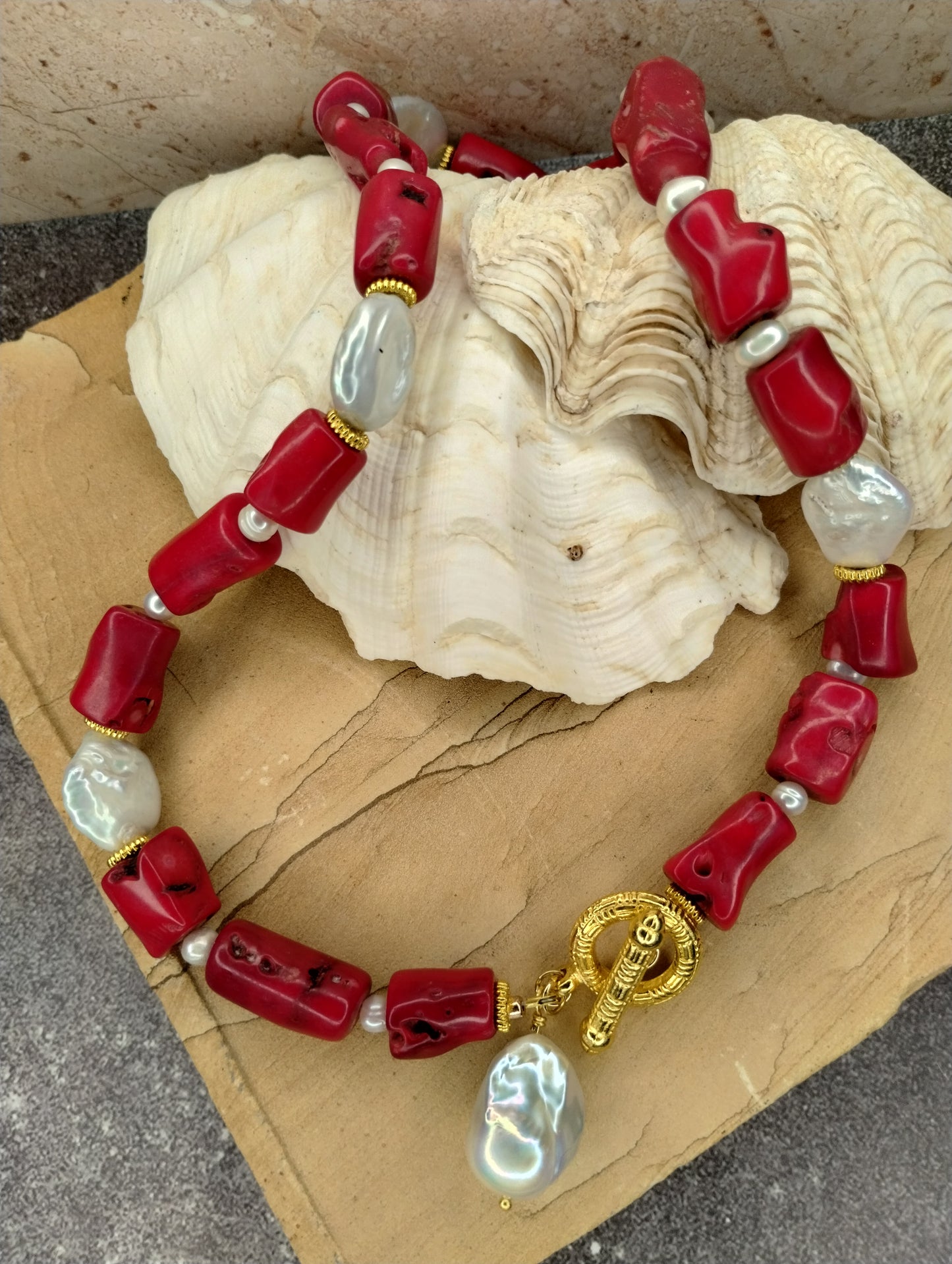 Antique Bamboo Coral & Baroque Pearl Statement Necklace