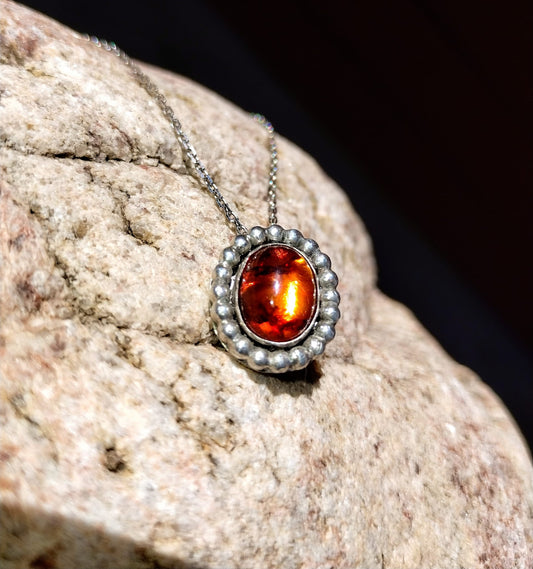 Genuine Natural Amber and Sterling Silver Pendant Necklace