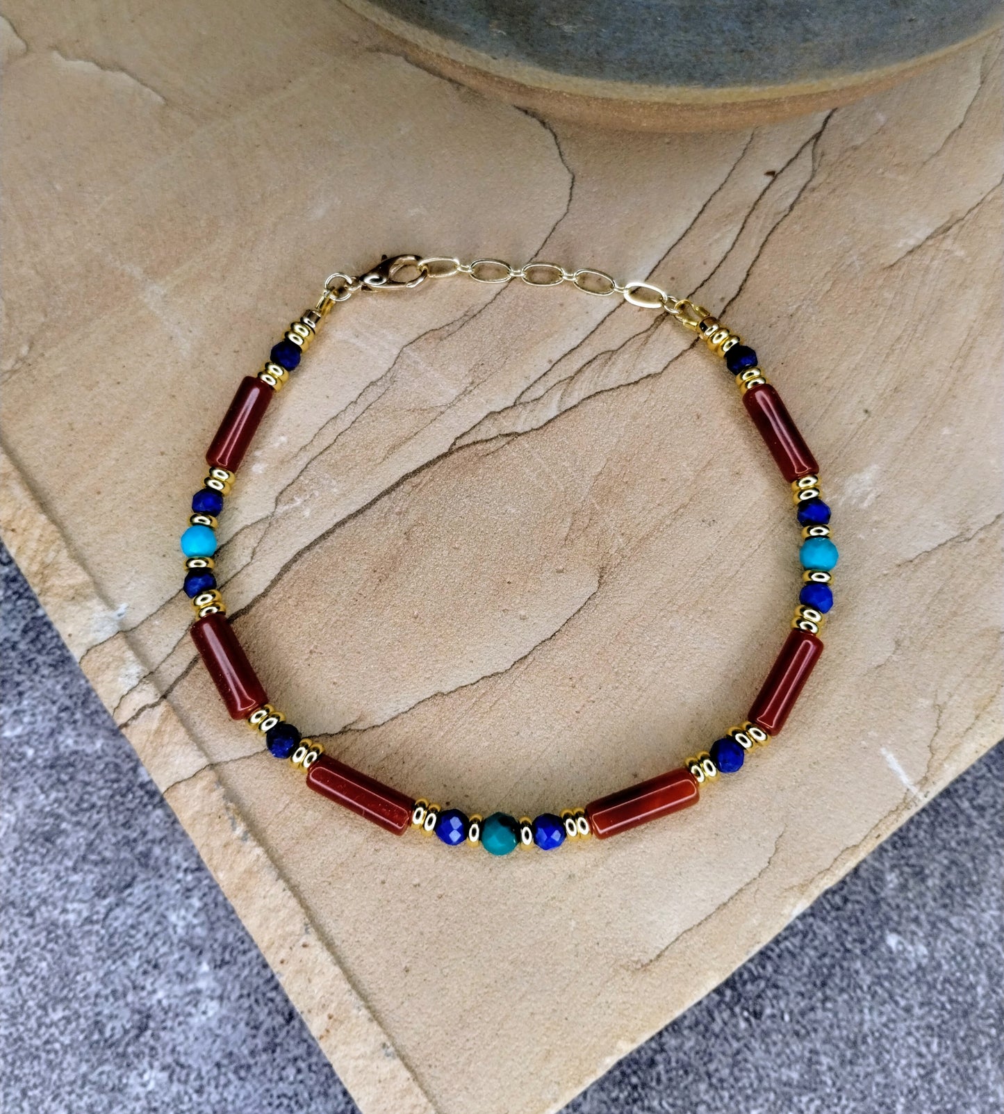 Carnelian Cylinder & Lapis Bracelet