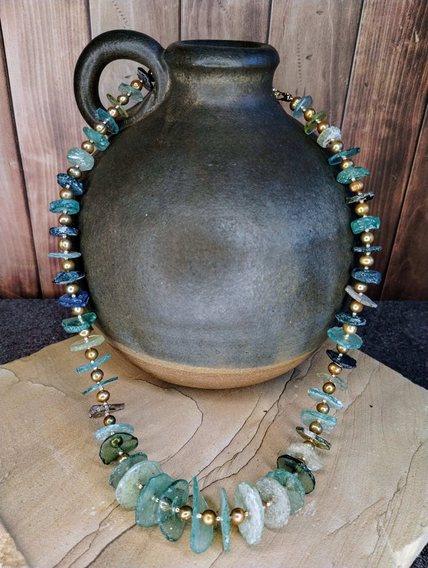 Roman Glass and Golden Pearl Necklace
