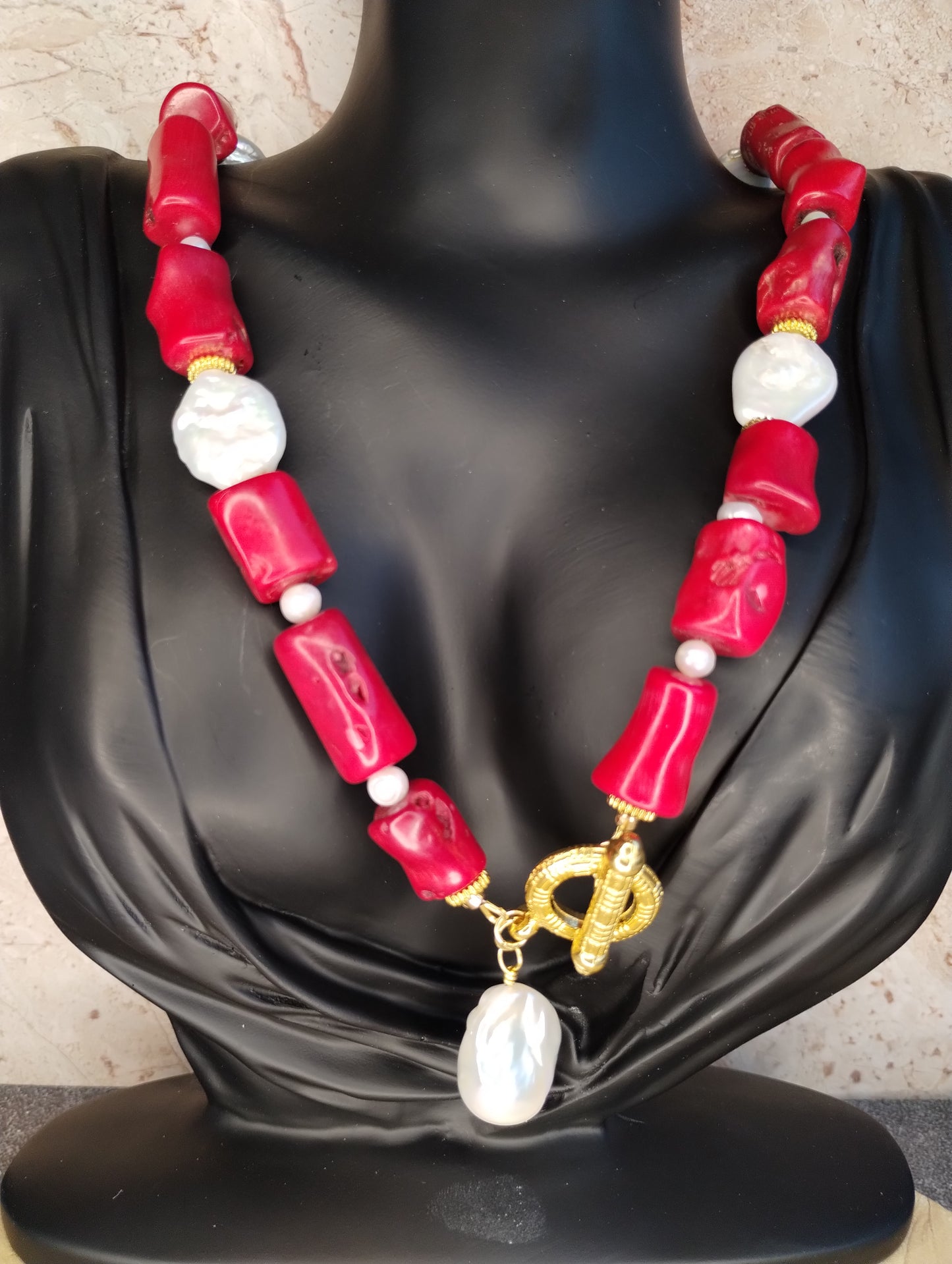 Antique Bamboo Coral & Baroque Pearl Statement Necklace