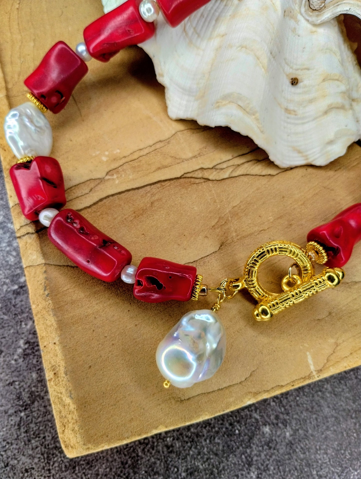 Antique Bamboo Coral & Baroque Pearl Statement Necklace