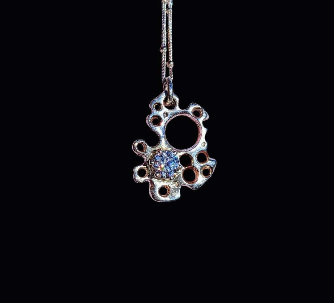 Solid Fine Silver Meteorite Pendant with Moissanite