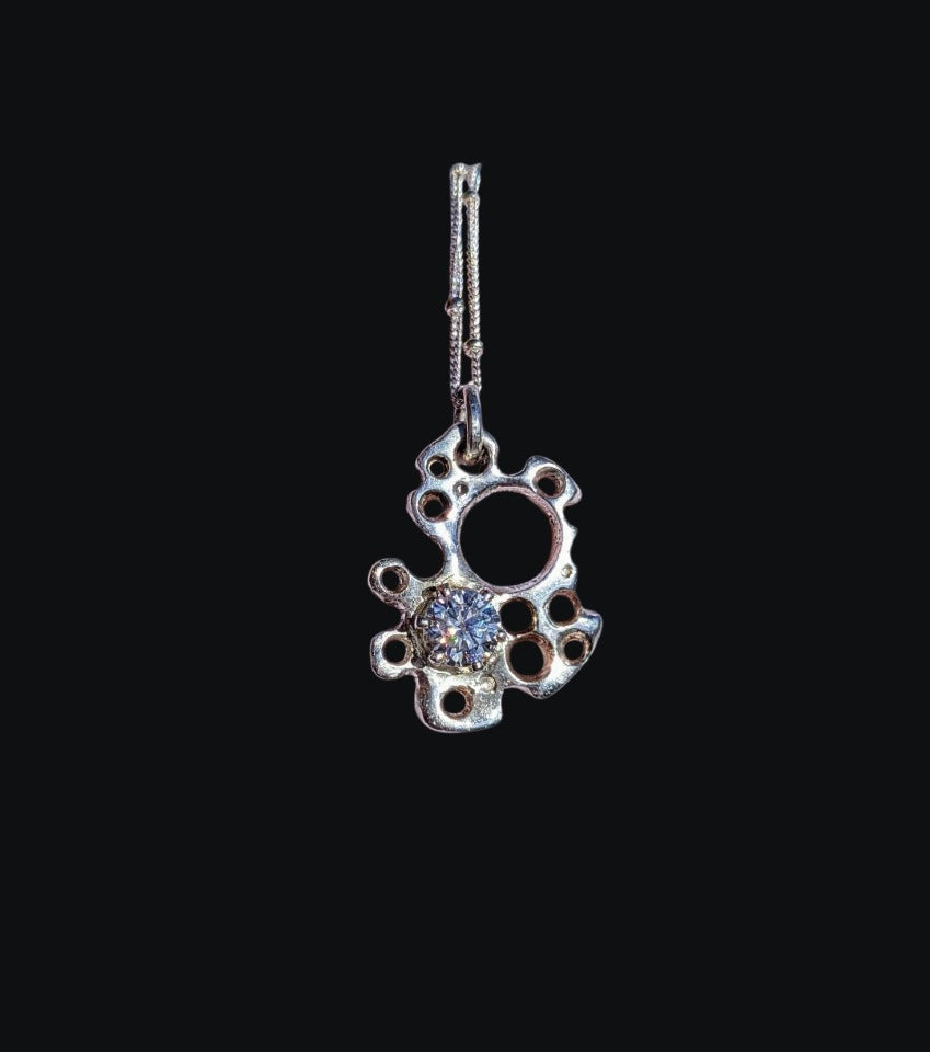 Solid Fine Silver Meteorite Pendant with Moissanite
